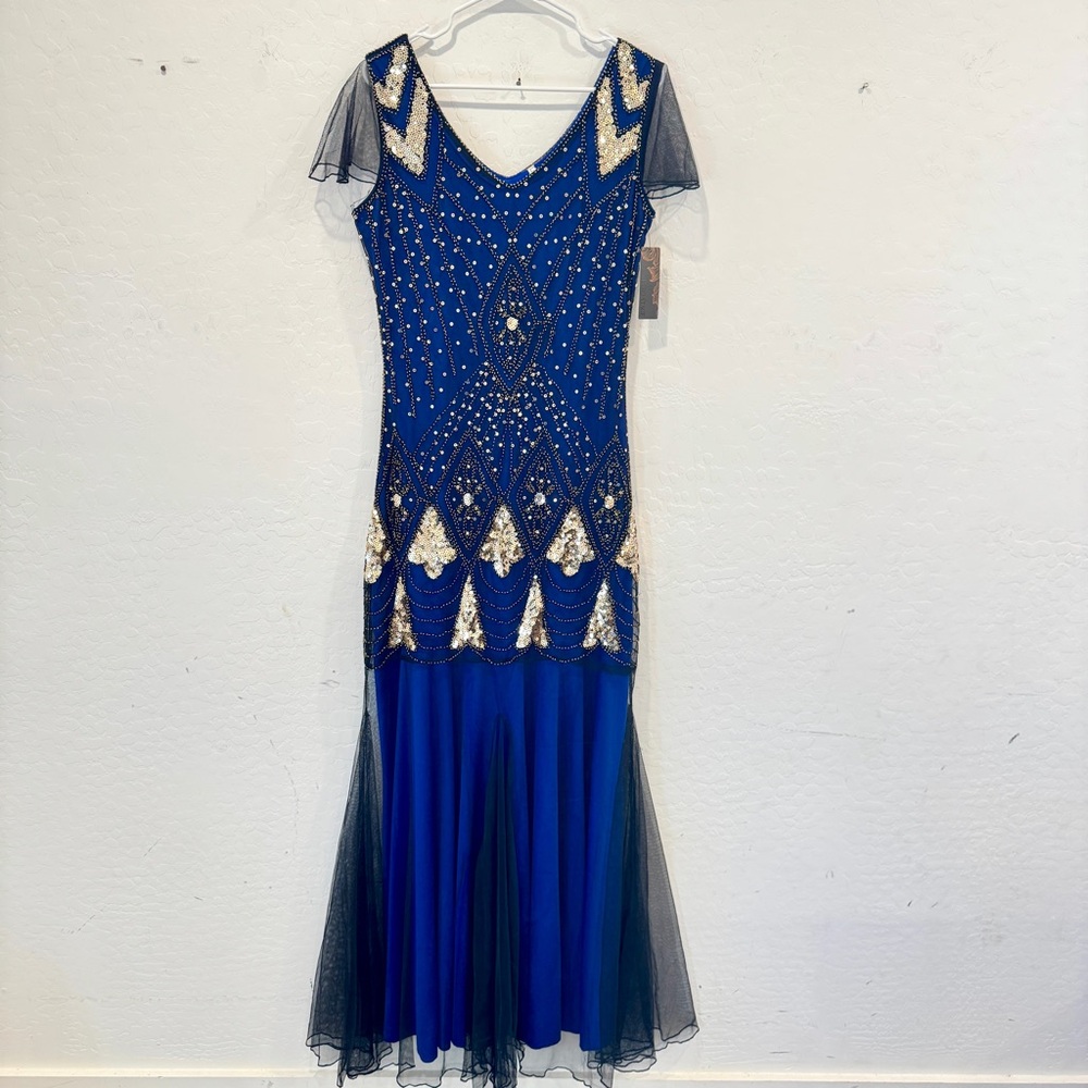 Retro Stage Beaded Gown Womens Large Blue Black Fit Flare Sequined Formal Prom
